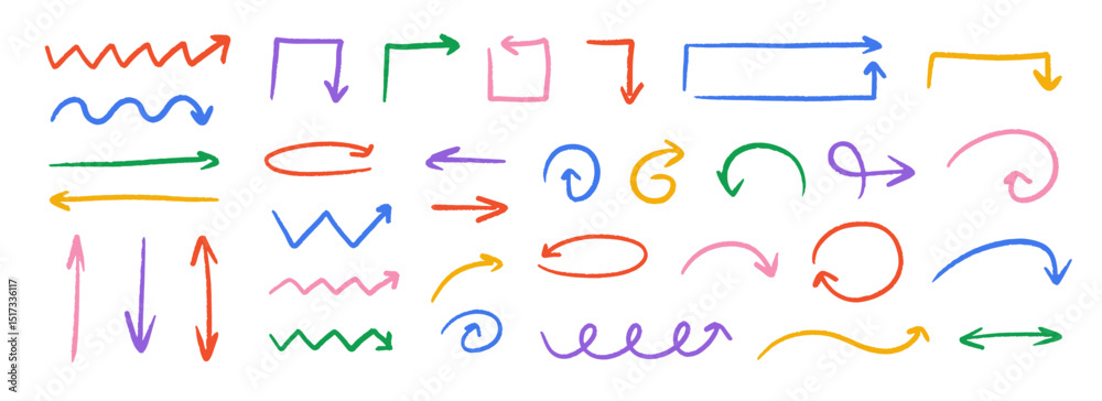 Poster hand drawn crayon arrow collection. color curved, zig zag and wavy doodle arrows set. charcoal sketc
