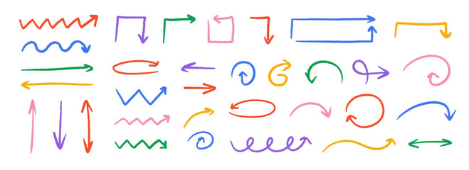 Hand drawn crayon arrow collection. Color curved, zig zag and wavy doodle arrows set. Charcoal sketch pointers and direction lines. Vector pastel pencil, chalk or marker brush stroke elements