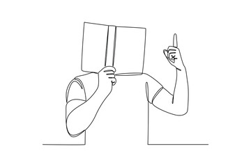Student holding book and pointing finger up in continuous line drawing style