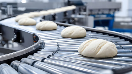 Efficiently automated bread production on a conveyor belt in a modern bakery setting with dough balls preparing for baking.