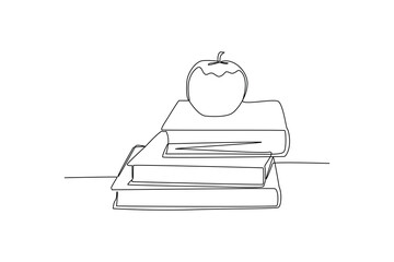 Continuous line drawing of books and apple symbolizing education