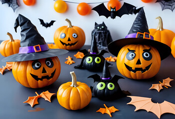 Decoration for Halloween party - cute pumpkin heads with eyes and good faces. Witch hat, flying bat and spiders. Not scary Halloween decoration. Art activity for kids, diy master class.