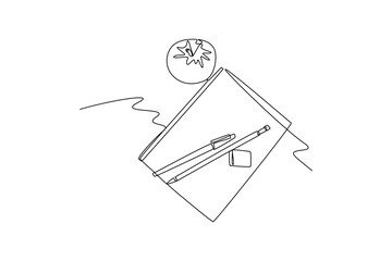 Continuous line drawing of school supplies and apple representing education