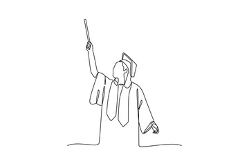 Graduate student raising hand with graduation toque in continuous line drawing style