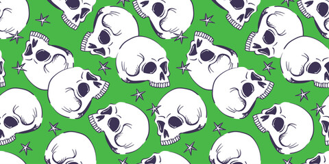 Naklejka premium Seamless pattern with human skull. Vector stylized craniums isolated on green background. Background with human bone for Halloween decor or product design in mystical style