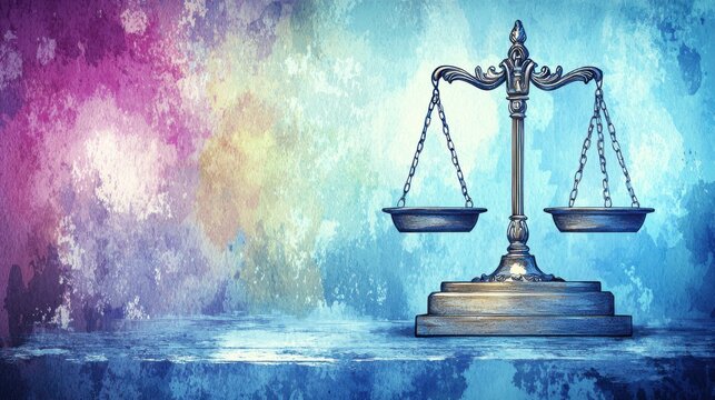 Artistic depiction of a classical balance scale symbolizing justice fairness law and order in a colorful abstract background perfect for legal themes
