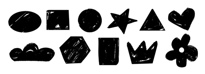 Black hand drawn crayon shape set. Charcoal geometric doodle collection. Black pastel pencil texture form pack for sticker, patch, badge. Childish sketch cloud, crown, star, heart elements. Vector