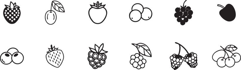 Healthy fruits Illustration Kit: Black and White Icons of Strawberries, Blueberries, and Raspberries for Graphic Design.