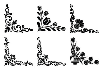 Fototapeta premium Six elegant black floral corner designs