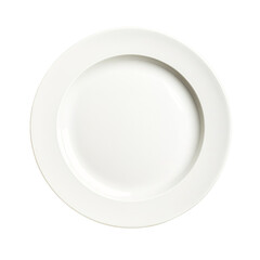 Empty round white porcelain dinner plate isolated on a clean transparent background