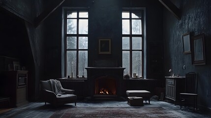 A dimly lit room with a fireplace and large windows.