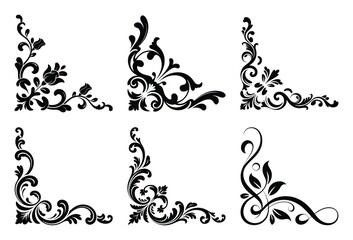 Six elegant black floral corner ornaments