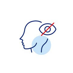 Vector icon of head with crossed-out eye, symbolizing hidden thoughts, private mind, or unseen awareness. Ideal for mental health apps, privacy settings, and platforms