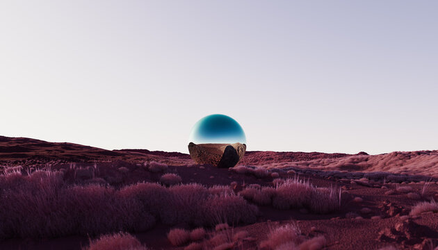 Reflective Sphere in a Vast Red Desert Landscape at Sunset