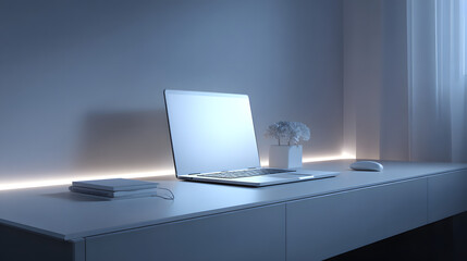 Modern Minimalist Home Office Setup Laptop, Desk, and Ambient Lighting