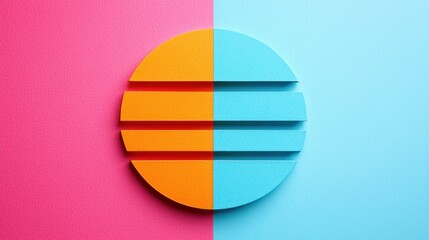 Obraz premium Modern abstract round shape with horizontal bars in vibrant orange and blue colors divided into two contrasting background halves pink and light blue