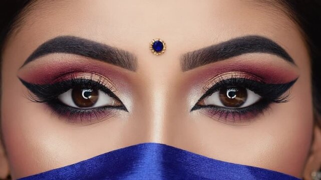 A close-up of traditional Indian bridal eyes with bold kajal, red and gold eyeshadow, and a subtle bindi visible above the brows The camera gently glides sideways over a silk fabric background