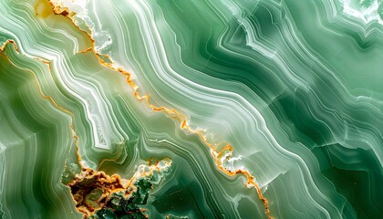 Glossy Green Stone Surface with Translucent Bands and Amber Highlights