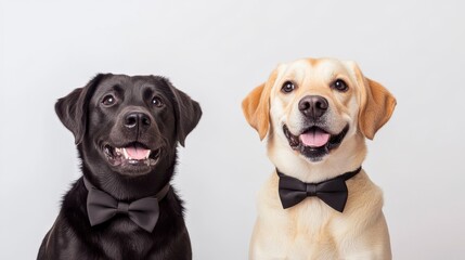 Two Labrador Dogs in Bowties Smiling Against a Neutral Background in Studio Portrait