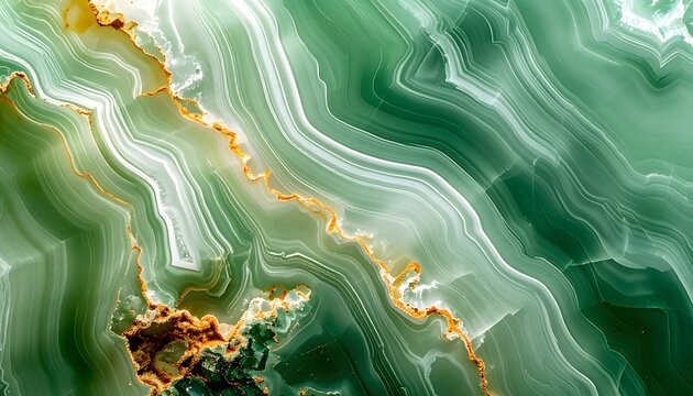 Glossy Green Stone Surface with Translucent Bands and Amber Highlights