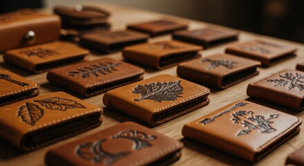 Engraved wooden nameplates arranged on a table showing branding ideas and rustic craftsmanship 