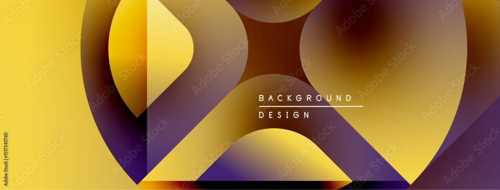 Poster Abstract geometric shapes overlap, creating vibrant yellow, purple gradients. Modern design elements suggest dynamic visual experience.