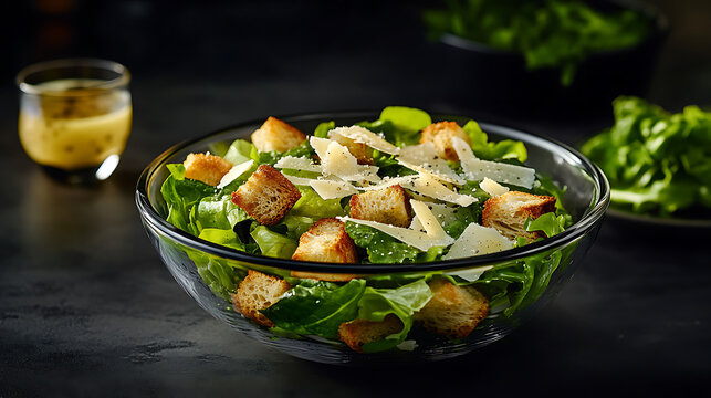 Fresh Caesar Salad with Croutons and Parmesan in a Glass Bowl