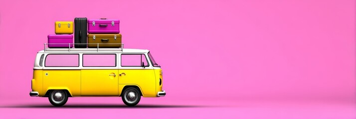 Yellow Van Summer Vacation Trip - A yellow vintage van with luggage on top, ready for a summer road trip. Pink background