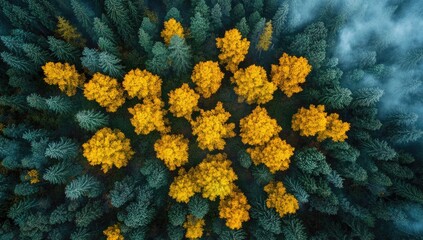 Autumnal forest canopy, vibrant fall foliage, aerial view