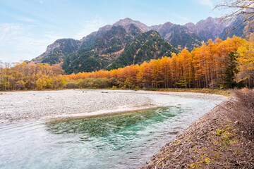 Beautiful nature autumn foliage at kamikochi in Japan