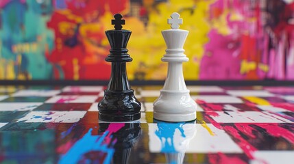 a vibrant confrontation of chess kings on an artistically splattered board highlighting strategy competition and the interplay of opposing forces in a colorful setting