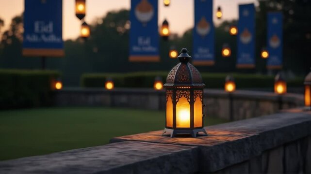 Eid Mubarak celebration with lanterns and banners at dusk