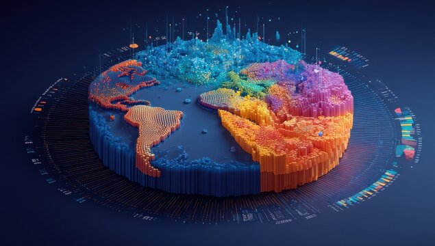 3D world map, data-rich, colorful