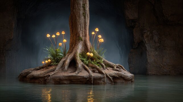 A tree with glowing mushrooms grows from an island of roots in a dark, mysterious cave surrounded by still water. - Powered by Adobe