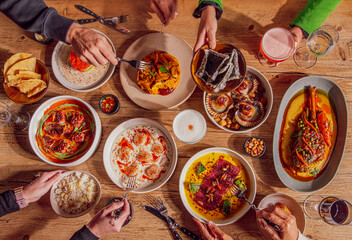 Table full of Peruvian food at a restaurant