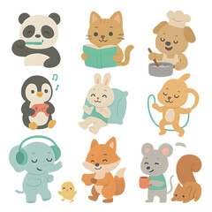 Cute animal daily activities icon set playful scenes flat design illustrations transparent background whimsical style