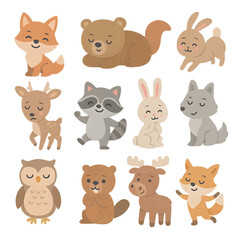 Fototapeta premium Emotional woodland creatures displaying feelings in a pastel flat style enchanted forest iconic illustrations playful atmosphere