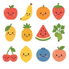 Playful kawaii fruit icon set with cheerful faces for digital use whimsical design transparent background vibrant collection