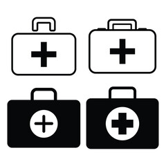 Obraz premium Icon set featuring various styles of First Aid box. Medical emergency equipment. Hospital, patient, medicine, pharmacy, nurse, prescription and medical report. Healthcare concept. Vector illustration