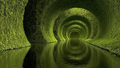 Lush green tunnel reflecting in water