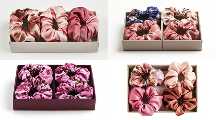 Four gift boxes showcasing sets of three silky scrunchies, each box featuring a distinct color palette and pattern, ranging from solid tones to floral prints.