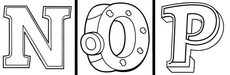 Outlined Alphabet Letters N O P with Playful and Mechanical Decorative Elements for Coloring Book