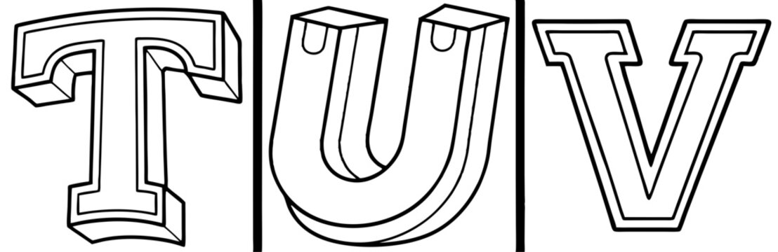 Alphabet Letters T U V in Bold Outline Style with Decorative Accents for Coloring Book Pages