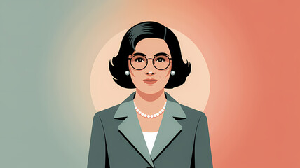 Stylized Flat Design Portrait of a Silent Generation Woman with Bob Haircut, Classic Glasses, Grey Suit and Pearl Necklace on Teal and Coral Gradient Background