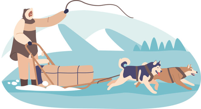 Eskimo riding husky dog sled