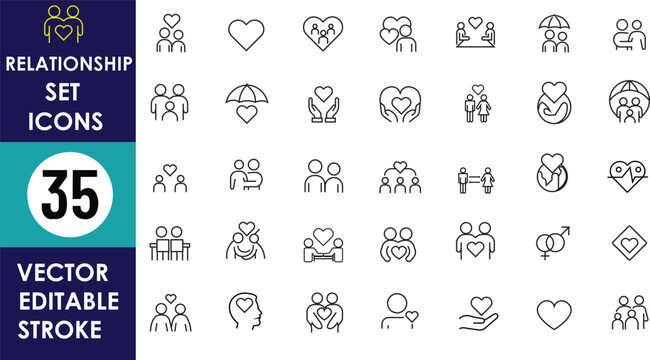 A minimalist set of 35 editable stroke vector icons depicting love, relationships, couples, hearts, family, LGBTQ symbols, and affectionate gestures in linear style.