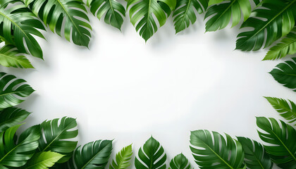 Fototapeta premium White background with green tropical leaves around the edges.
