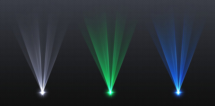 Colorful laser beams, stage decoration, party led effect, neon club spotlights. Podium design element. Vector illustration.