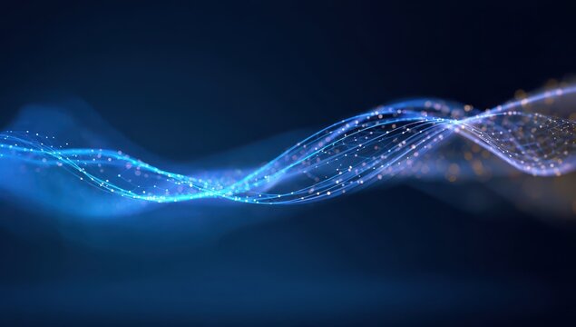 Abstract swirling blue and light-orange particle stream on dark background