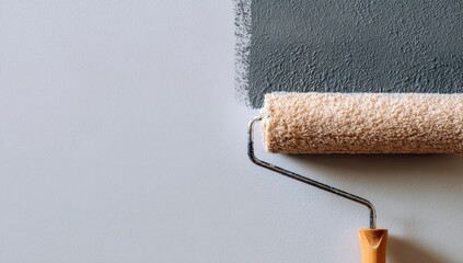 Paint roller on light gray wall, applying dark gray paint
